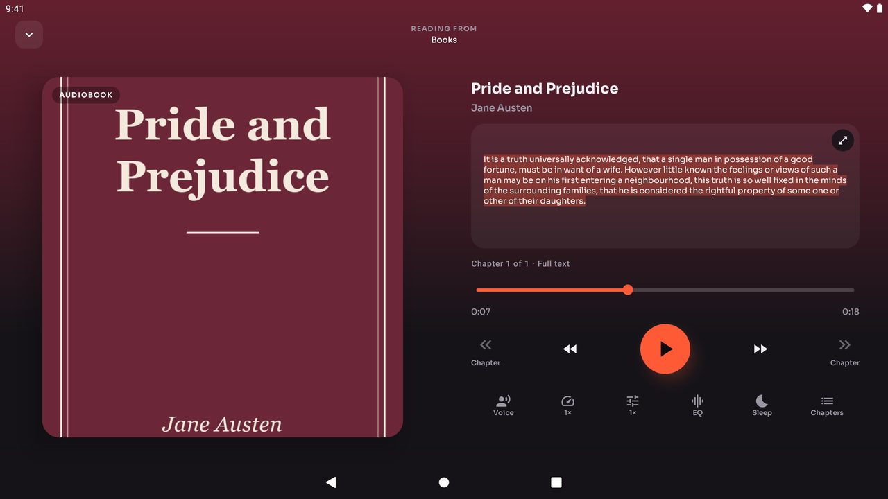 Audex en una tableta leyendo un libro en voz alta, con la portada junto al texto resaltado